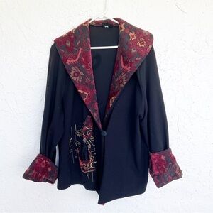 AHNI Black Tapestry Plus Size Cardigan Sweater Womens 3X Black Red Embroidered